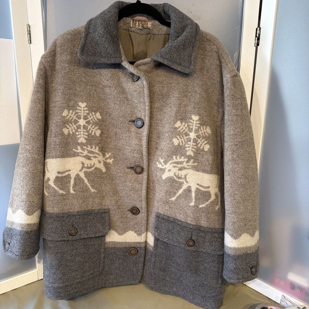 VTG Rue Grenelle Wool Nordic Winter Jacket Gray Reindeer Snowflake Coat Womens S